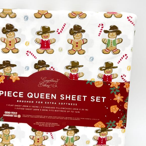 Gingerbread Baking Co Gingerbread Man Cowboy Christmas 4 pc QUEEN Sheet Set NEW - Picture 2 of 3